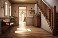 Farmhouse hallway architecture furniture staircase. 