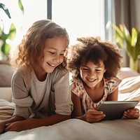 Smiling children lying in bed. AI generated image by rawpixel.