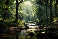 Serene forest sunlight tree wilderness. AI generated Image by rawpixel.