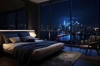 Modern bedroom city architecture comfortable. 