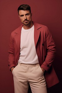 A man wearing minimal style outfit maroon adult coat. 