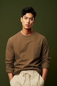 Asian man wearing minimal style outfit portrait sleeve adult. 