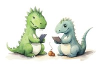 Two dinosaurs playing a social media device animal reptile cute. AI generated Image by rawpixel.