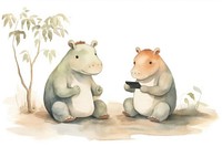 Two hippos playing a social media device animal mammal rodent. 