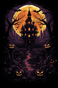 Halloween spooky castle purple illustration. 