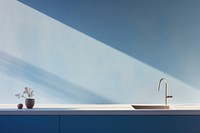 Blue kitchen window sink interior design. 