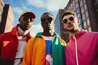 Three fashionable men wearing colorful minimal street style outfit portrait sunglasses adult. 