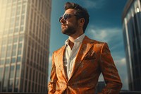 Fashionable man wearing reto style outfit portrait sunglasses blazer. 