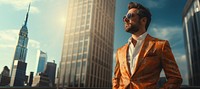 Fashionable man wearing reto style outfit architecture sunglasses portrait. 