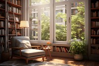Reading room home window bookshelf furniture. AI generated Image by rawpixel.