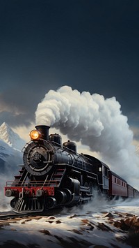 An old steam train chugging through snowy mountains on christmas day 