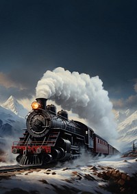 An old steam train chugging through snowy mountains on christmas day 