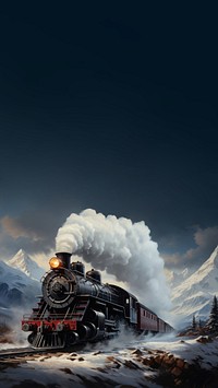 An old steam train chugging through snowy mountains on christmas day 