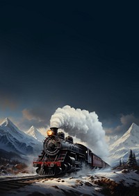 An old steam train chugging through snowy mountains on christmas day.  