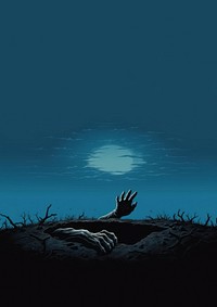 the aesthetic illustration of the hand come out of the grave at night.  