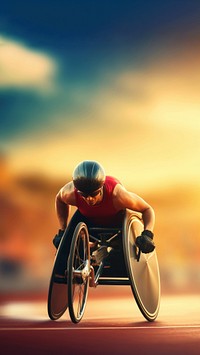 a photo of a male athlete in a wheelchair racing on the racetrack at the stadium.  