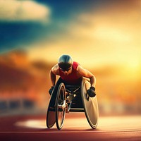 a photo of a male athlete in a wheelchair racing on the racetrack at the stadium.  