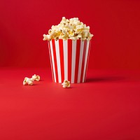 a photograph of a striped box with popcorn isolated on solid color background.  