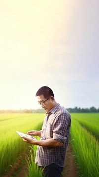 photo of a man farmer with tablet working in rice field.  