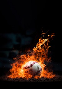 Photo of close up shot of a baseball on fire.  