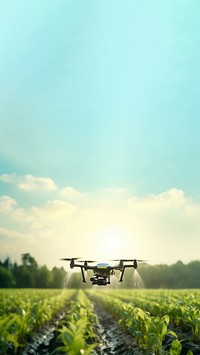 photo of drone in agriculture, drone spraying water.  