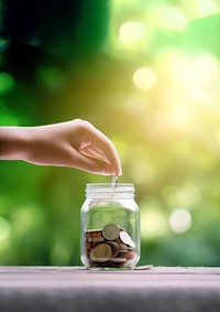 Photo of hand putting Coins in glass jar for giving and donation concept.  