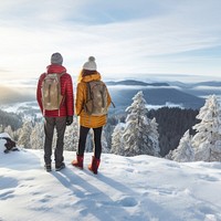 Rear of a Couple hikers with beautiful winter scene. AI generated Image by rawpixel. 