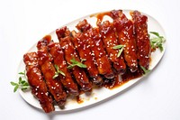 Pork ribs racks sauce food condiment. 