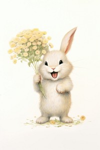 Rabbit holding a bunch flower drawing rodent. 