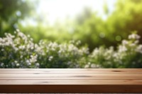 Fuzzy garden background Wooden table backgrounds outdoors. AI generated Image by rawpixel.