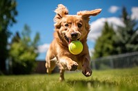 A dog catches a rubber ball outdoors mammal animal. 