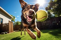 A dog catches a rubber ball outdoors backyard mammal. 