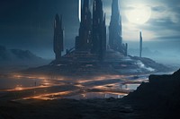 Futuristic fantasy background outdoors night architecture. AI generated Image by rawpixel.
