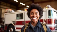 Firefighter standing vehicle smiling. 