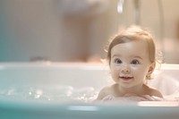 Shampoo pump bottle baby portrait bathing. 