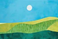 An acrylic painting on paper cut into make a collage of a lush green hillside blue sky clean. 