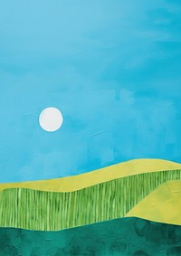 An acrylic painting on paper cut into make a collage of a lush green hillside blue sky clean. 