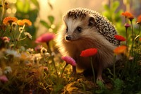 Cute hedgehog outdoors flower animal. AI generated Image by rawpixel.