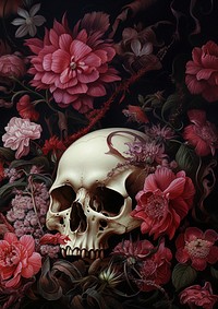 blooming flowers with skull. 