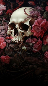 blooming flowers with skull. 