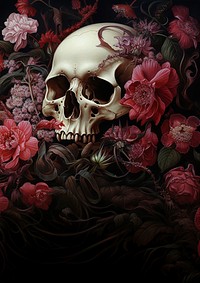 blooming flowers with skull. 