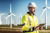 photo of Wind turbine worker useing tablet. 