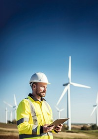 photo of Wind turbine worker useing tablet. 