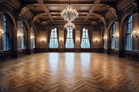 Castle ballroom floor wood chandelier. 