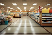 Supermarket cleaning aisle architecture consumerism arrangement. 