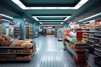 Supermarket food architecture illuminated. 