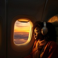 photo of an african woman looking through the window on an airplane. 