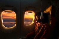 photo of an african woman looking through the window on an airplane. 