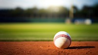 photo of Close-up of baseball on Grass Field with Blurry Stadium in Background. 