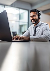 Photo of indian man working at call center, smilling talking to a laptop. 